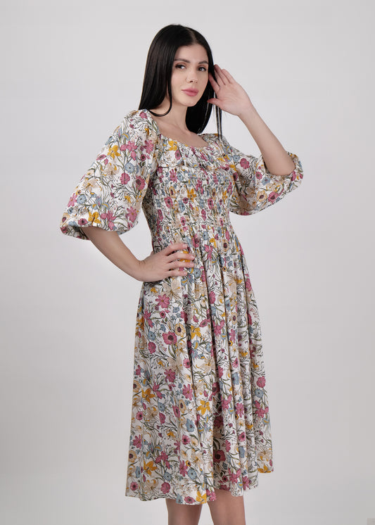 DRIRO Pretty floral smocked body bishop sleeve midi dress