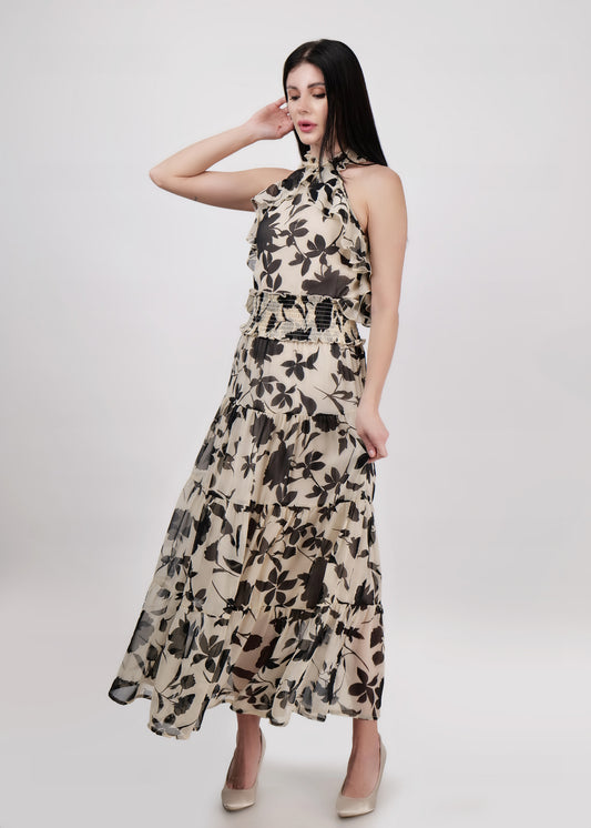 DRIRO Monochrome print maxi dress smoked details at waist