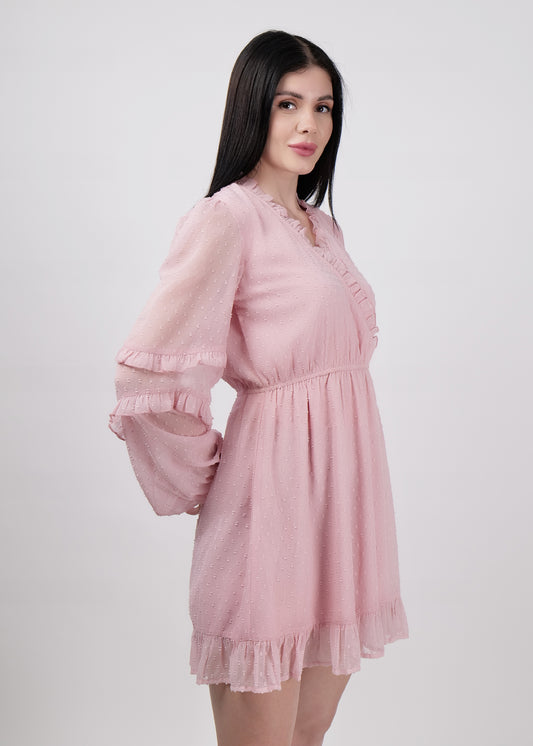 DRIRO Georgette pink smoked midi dress