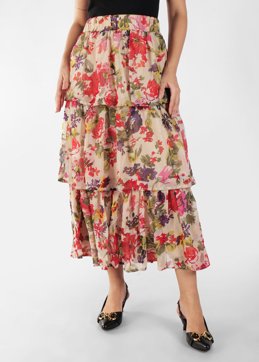 Floral Printed Layered Pure Cotton A-Line Midi Skirt