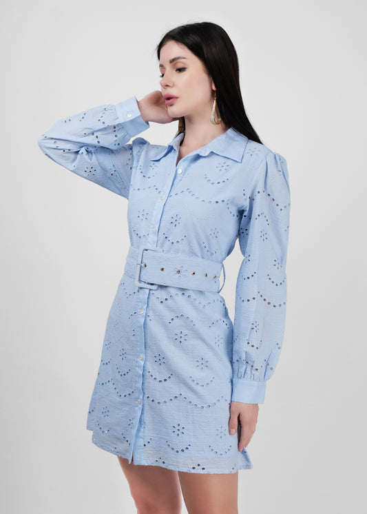 Ice blue all over embroidered dress with belt