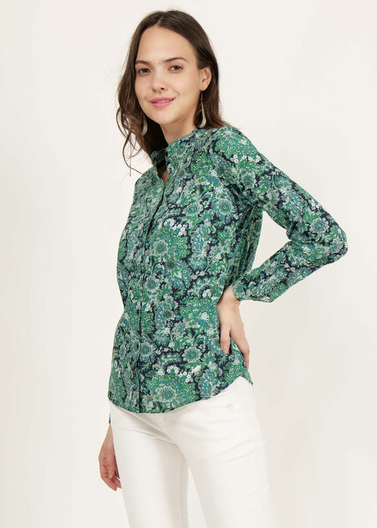 DRIRO Green Floral Printed Band Collar Pure Cotton Casual Shirt