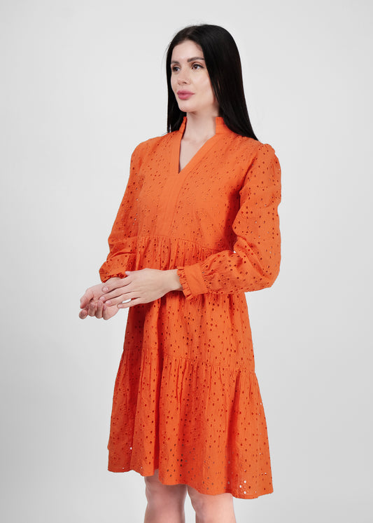 Driro Orange all over embroidered tiered day dress