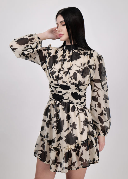 DRIRO Pretty chiffon floral mini dress with gather detail at waist