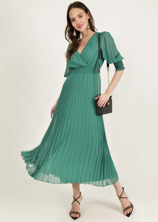 Light Green smocked waist pleated maxi dress