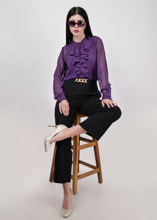 Purple chique collar neck button down front ruffle shirt