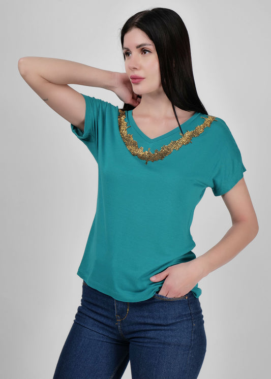 Teal blue embellished neck