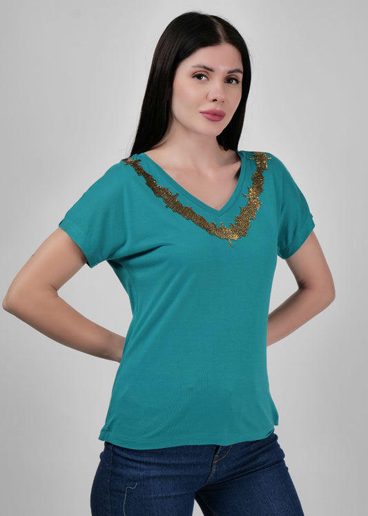 Teal blue embellished neck